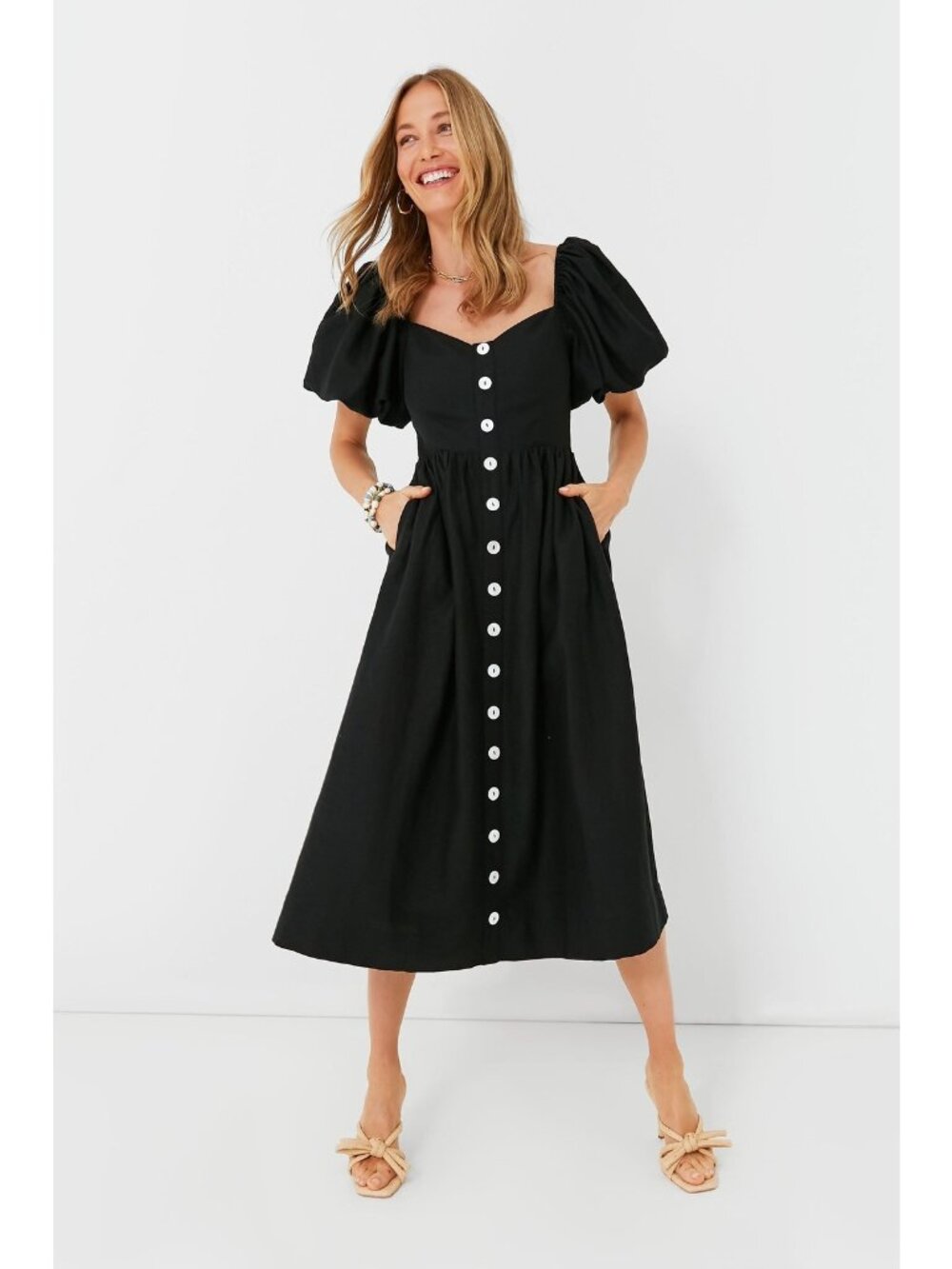 Pomander Place by Tuckernuck Black Alexis Midi Dress XXL 2XL Button Front Linen